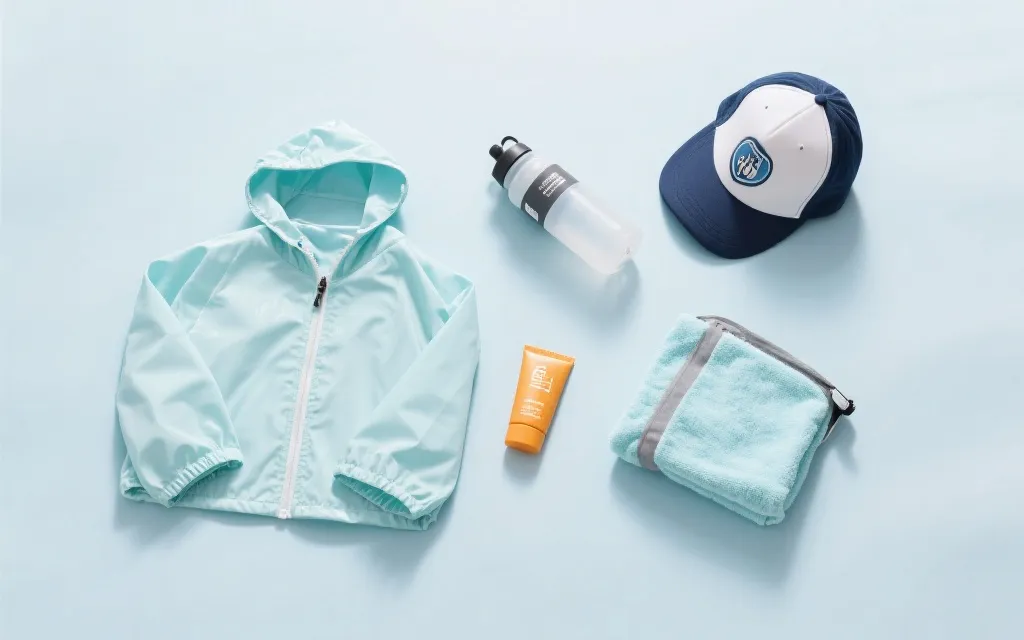 夏季观赛随身物品平铺：轻薄外套、雨具、水瓶与防晒用品